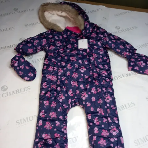 GIRLS FLORAL PATTERN SNOWSUIT WITH FAUX FUR HOOD SIZE 0-3 MONTHS