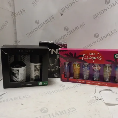 BOX OF APPROXIMATELY 5 ASSORTED BODYSPRAYS AND GIFT SETS TO INCLUDE LYNX, SO....? AND TED BAKER