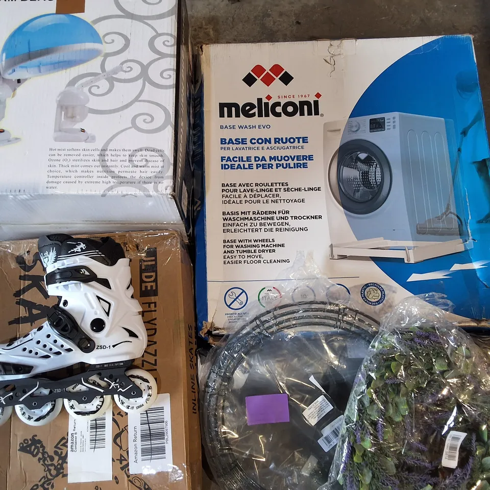 PALLET OF ASSORTED HOUSEHOLD ITEMS TO INCLUDE FACE AND HAIR STEAMER, ONLINE SKATES AND BASIC STANDING DESK