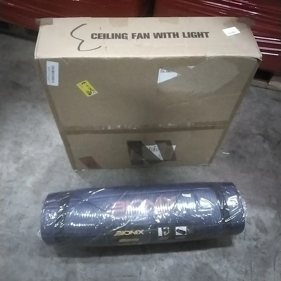 PALLET OF ASSORTED ITEMS INCLUDING- CEILING FAN WITH LIGHT, YOGA MAT