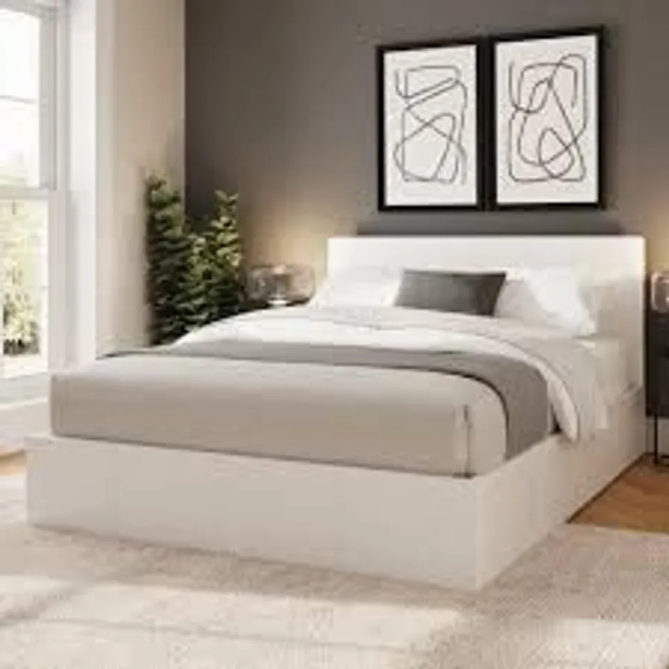 BOXED GFW KING SIZE END LIFT OTTOMAN BED WITH STITCHED HEADBOARD - WHITE (2 BOXES)