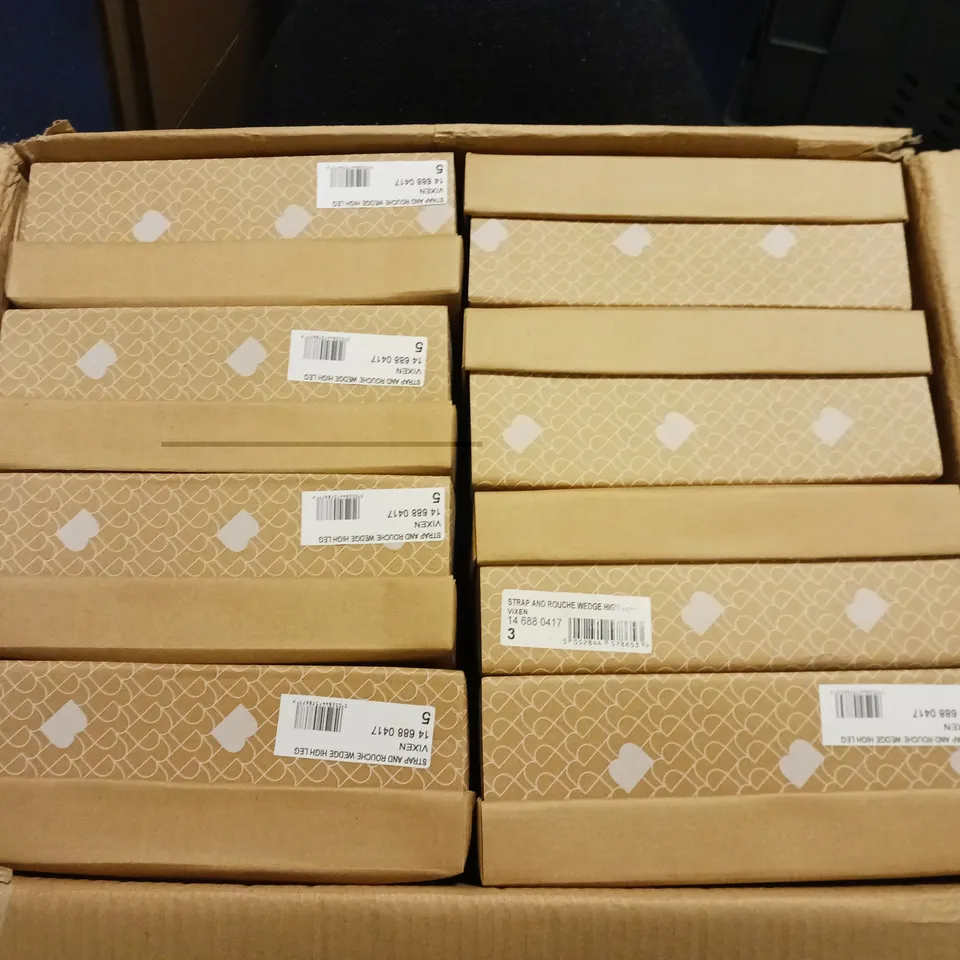 LOT OF 8 BOXED PAIRS OF BARRATTS VIXEN STRAP AND ROUCHE WEDGE HIGH LEG BOOTS - VARIOUS SIZES