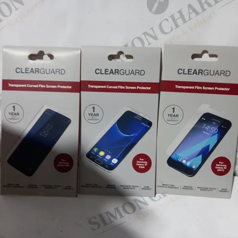 BOX OF APPROX 100 CLEAR GUARD SCREEN PROTECTORS TO INCLUDE - SAMSUNG GALAXY EDGE S7 - SAMSUNG GALAXY A5 - SAMSUNG GALAXY S8+