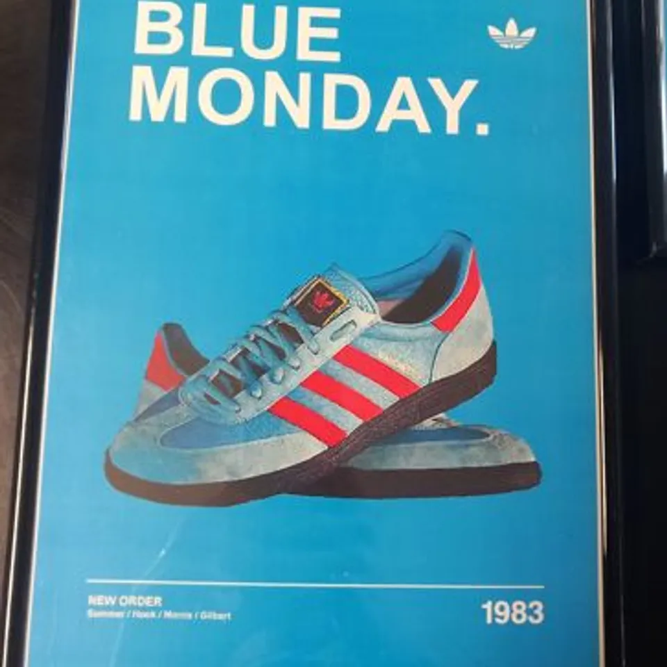 FIVE FRAMED ADIDAS CASUALS/MANCHESTER MUSIC SCENE INSPIRED PRINTS TO INCLUDE BLUE MONDAY/MANCHESTERS, LIVE FOREVER/HAMBURGS AND WONDERWALL/STOCKHOLMS