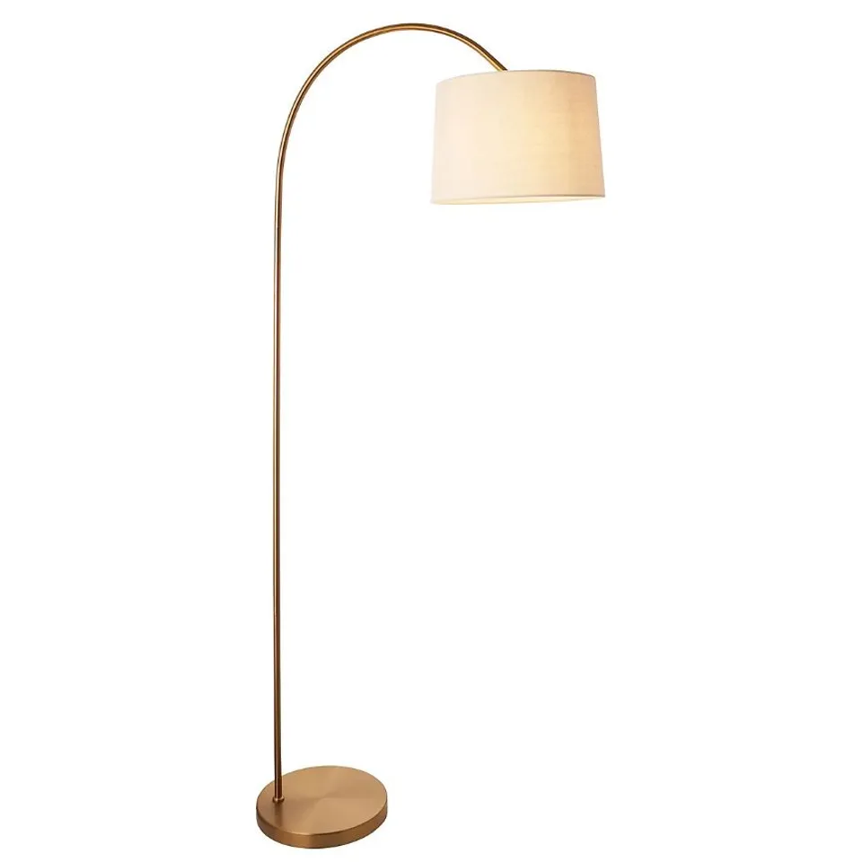BOXED LUMINOSA CARLSON ARC FLOOR LAMP WARM BRASS PLATE, NATURAL FABRIC, 1X E27