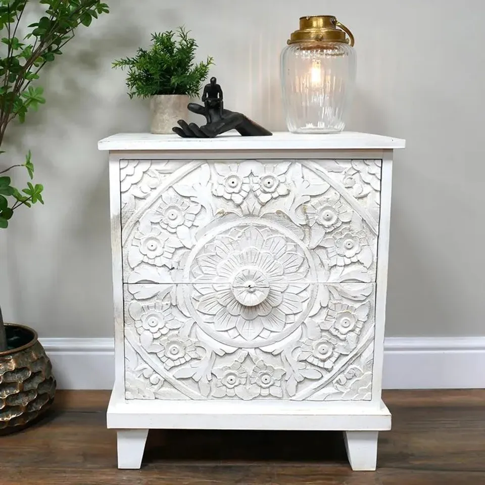 BOXED BEDSIDE CABINET - 2 DRAWER - OFF WHITE CARVED MANGO WOOD