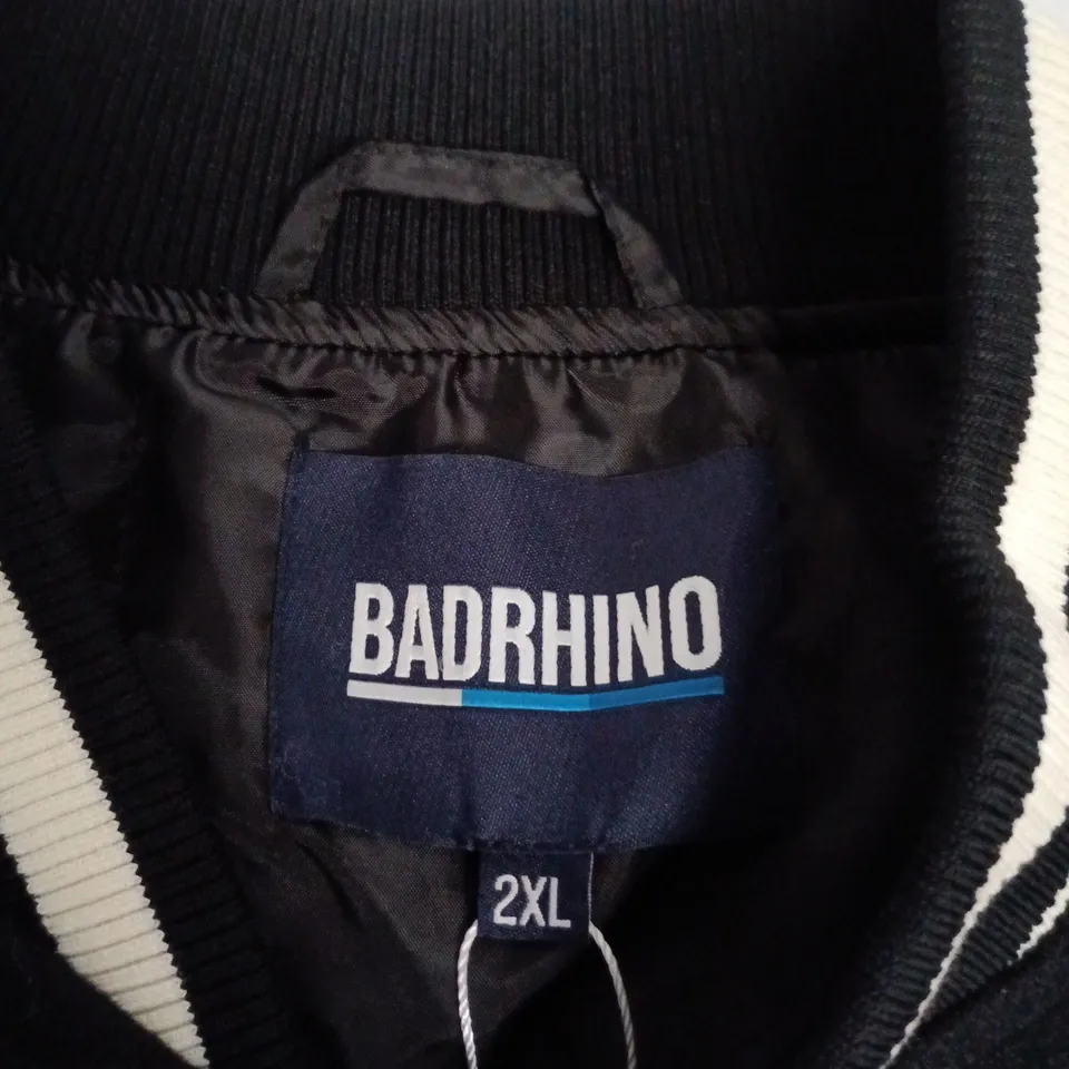 BADRHINO VARSITY JACKET – BLACK, UK 48-50 (US 2XL) WITH WHITE STRIPED TRIM
