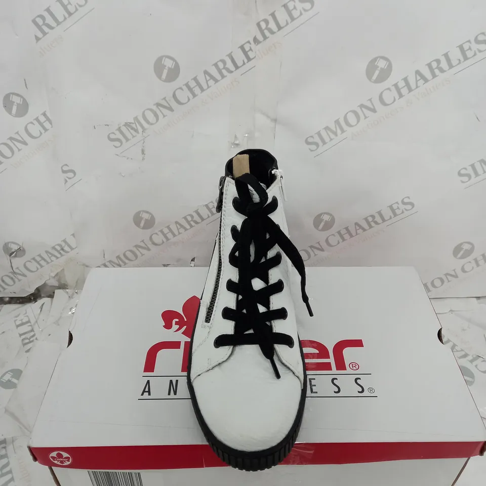 BOXED PAIR OF RIEKER HIGH TOP TRAINERS W. SIDE ZIP IN WHITE EU SIZE 40