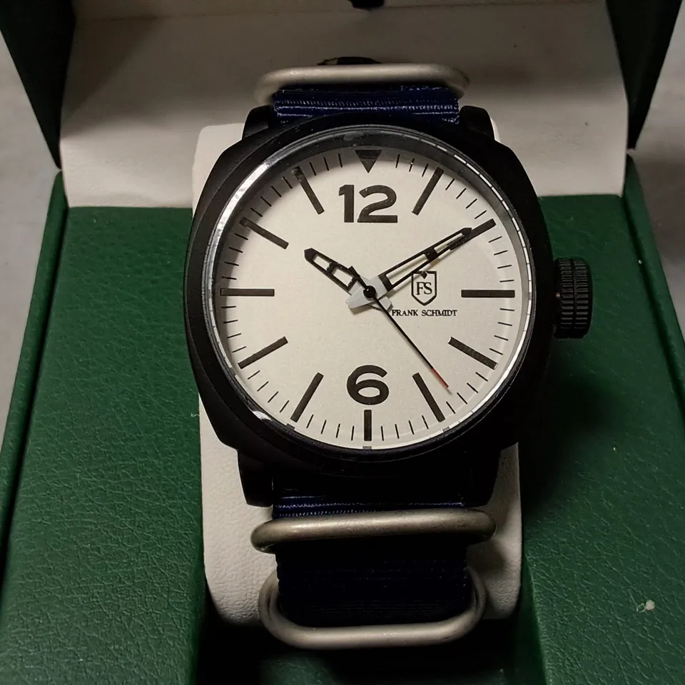 FRANK SCHMIDT STAINLESS STEEL WATCH WITH BLACK BODY AND BLUE FABRIC STRAP