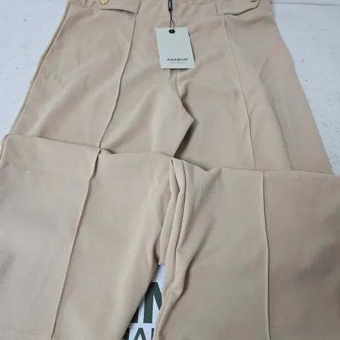 ANAMOR WIDE LEG BUTTON DETAIL TROUSERS, CAMEL - SIZE 14