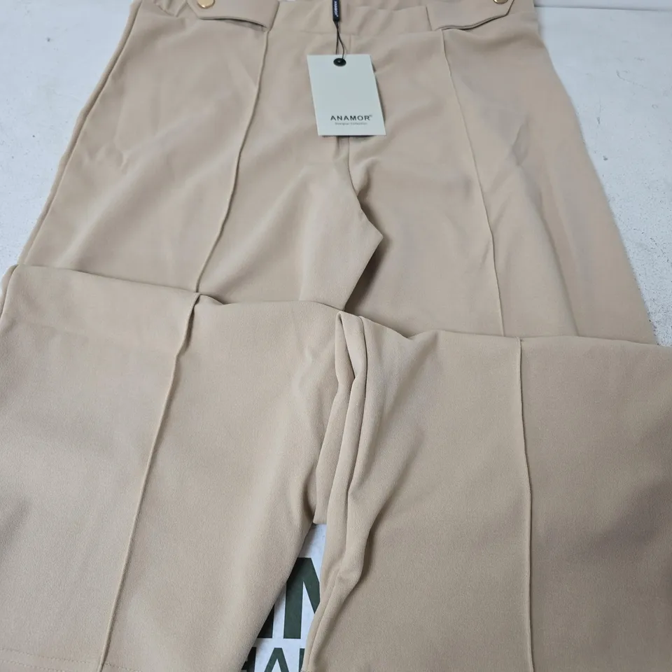 ANAMOR WIDE LEG BUTTON DETAIL TROUSERS, CAMEL - SIZE 14