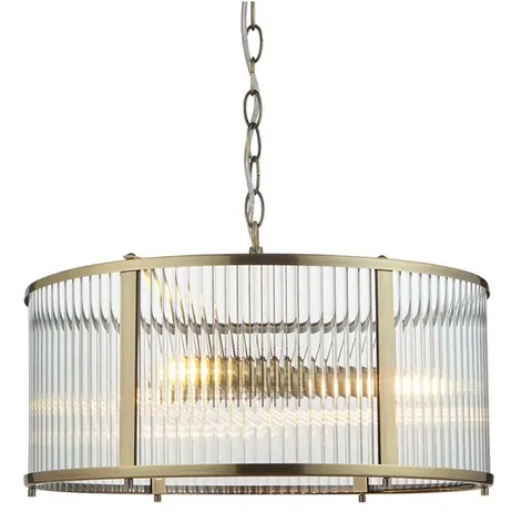BOXED ENDON RIDGETON 3 LIGHT CEILING PENDANT LIGHT IN ANTIQUE BRASS WITH RIBBED GLASS