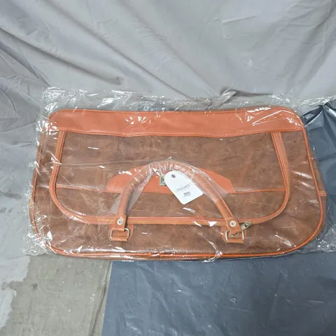PASSAGE TRAVEL BAG – BROWN LEATHER-LOOK DUFFLE WITH ORANGE TRIM (NEW IN PACKAGING)
