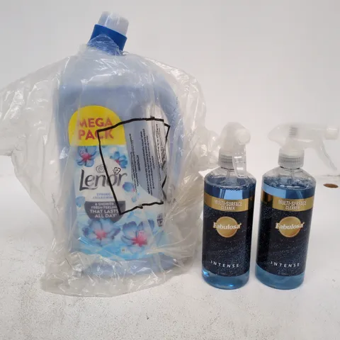 TOTE OF APPROXIMATELY 7 ASSORTED ITEMS TO INCLUDE LENOR MEGA PACK, FABULOSA INTENSE CLEANER ETC
