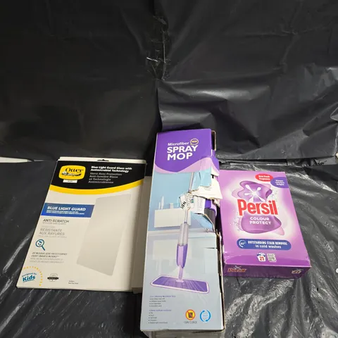 BOX OF APPROX 10 ASSORTED HOUSEHOLD ITEMS TO INCLUDE - MICROFIBER SPRAY MOP - OTTER BLUE LIGHT GUARD FOR IPAD 2022 - PERSIL COLOUR PROTECT - ETC