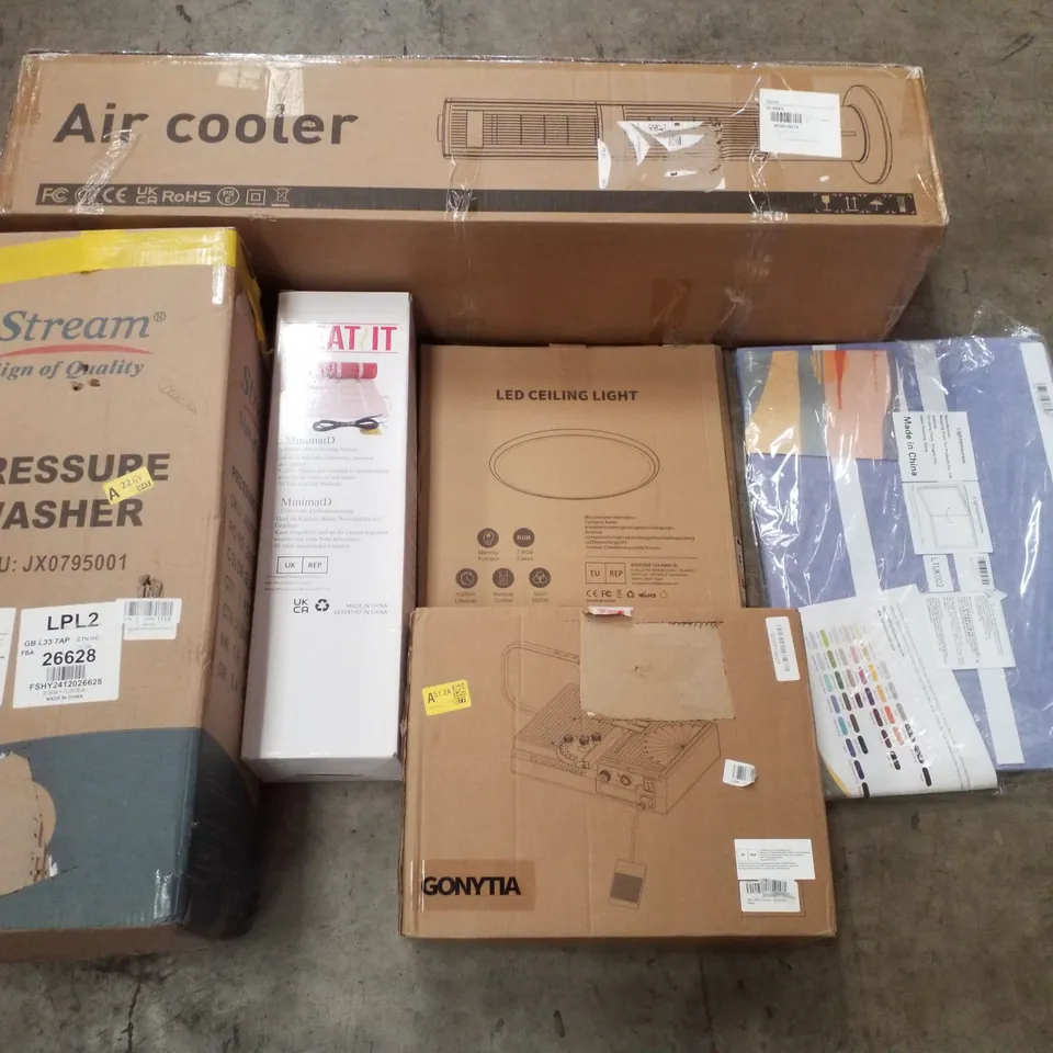 PALLET CONTAINING ASSORTED PRODUCTS INCLUDING AIR COOLER, PRESSURE WASHER, ELECTRIC FLOOR HEATING SYSTEM, LED CEILING LIGHT, BULLETIN BOARD & HOT WIRE FOAM CUTTER