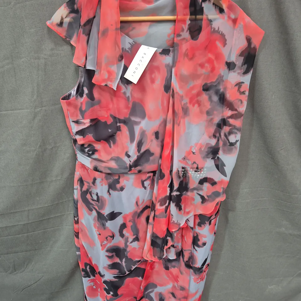 GINA BACCONI FLORAL PRINT DRESS – RED & GRAY WITH WAIST BELT - SIZE UNSPECIFIED