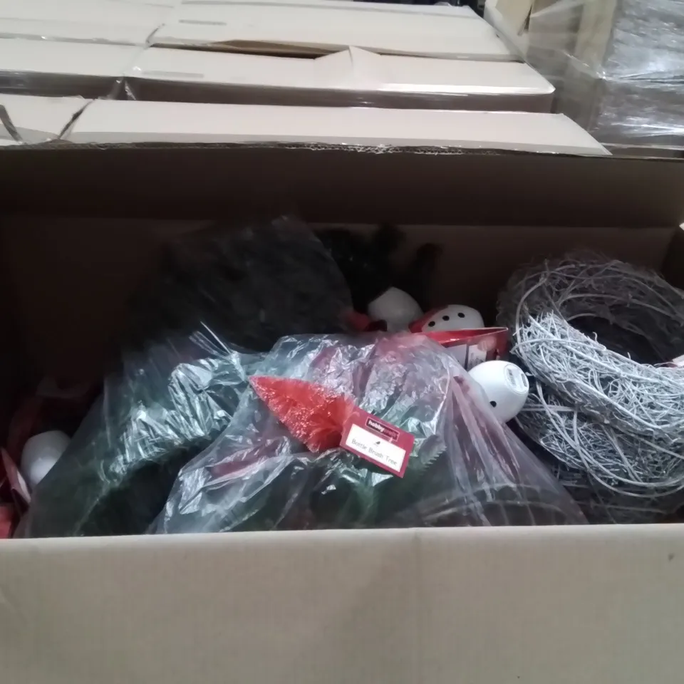 PALLET CONTAINING A LARGE QUANTITY OF ASSORTED CHRISTMAS DECORATIONS AND PRODUCTS TO INCLUDE;SNOWMAN SOAP DISPENSER,BOTTLE BRUSH TREE,MINI CROSS STITCH 