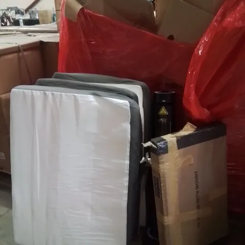 PALLET OF ASSORTED HOUSEHOLD GOODS AND PRODUCTS TO INCLUDE;FAN HEATER,MATTRESS,TV STAND WITH MOUNT