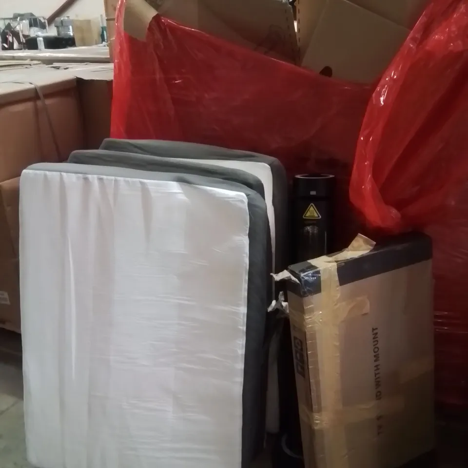 PALLET OF ASSORTED HOUSEHOLD GOODS AND PRODUCTS TO INCLUDE;FAN HEATER,MATTRESS,TV STAND WITH MOUNT