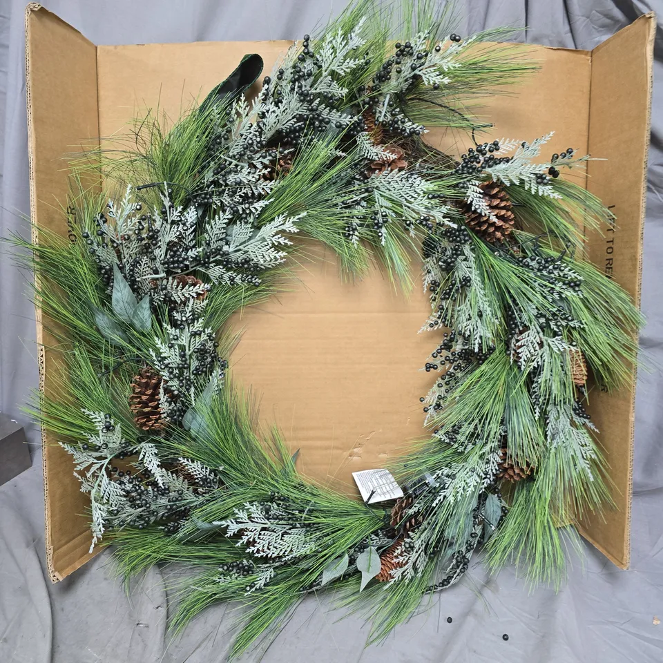 BOXED PRE LIT CHRISTMAS WREATH WITH GREEN BERRIES AND PINECONES - 90 CM