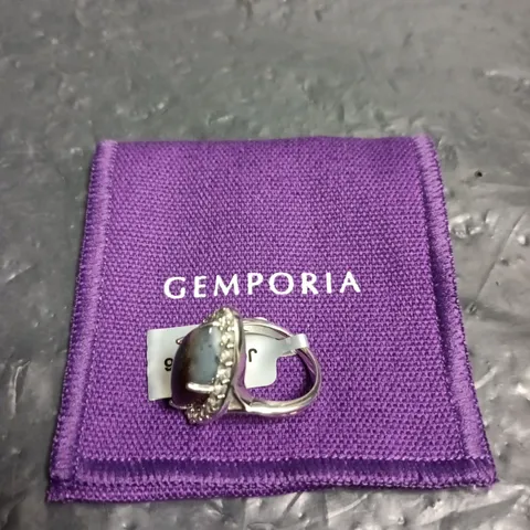 GEMPORIA SILVER-TONE RING WITH OVAL CABOCHON AND HALO OF STONES