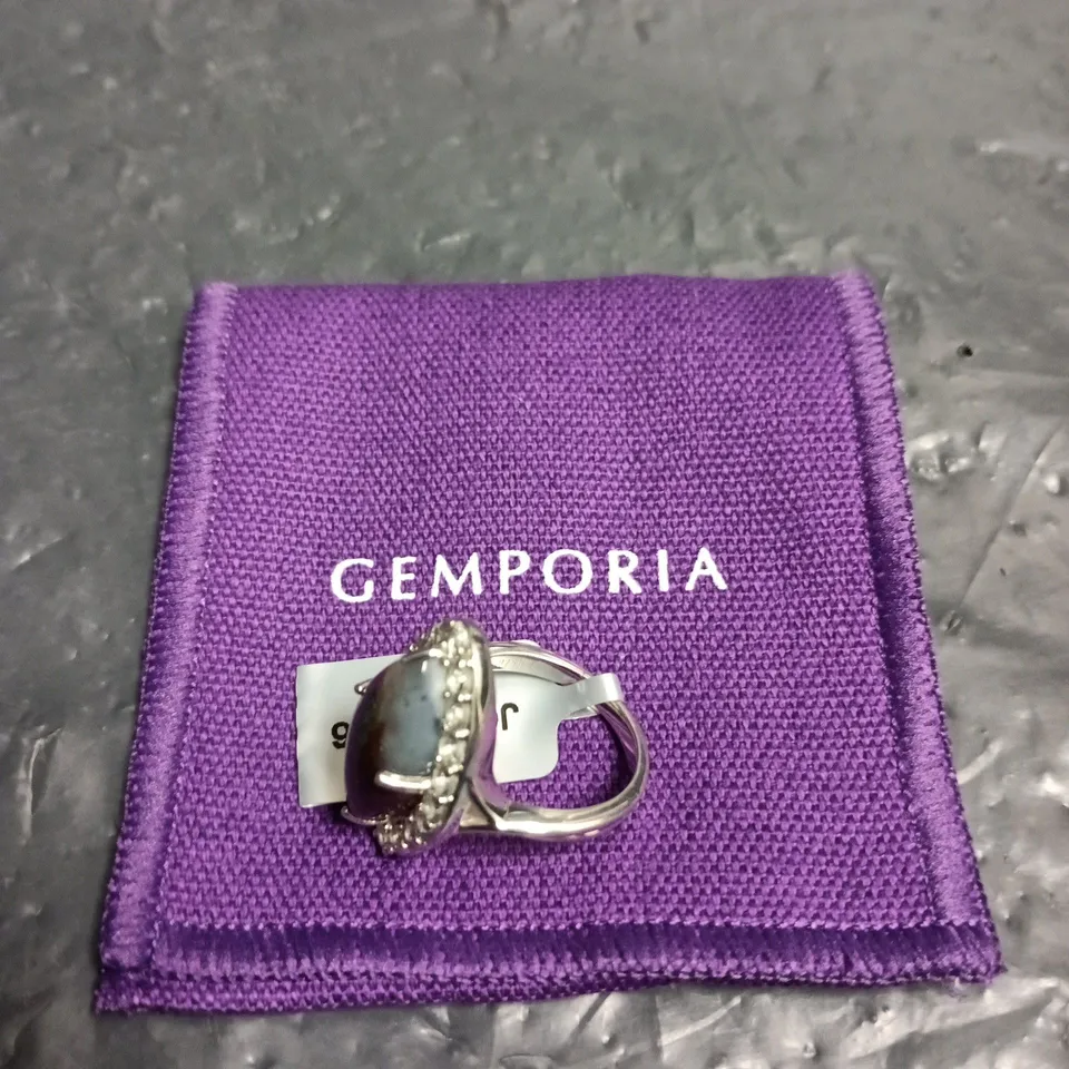 GEMPORIA SILVER-TONE RING WITH OVAL CABOCHON AND HALO OF STONES