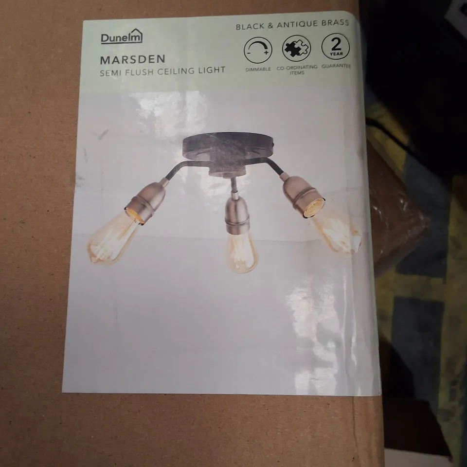 BOXED DUNELM MARSDEN SEMI-FLUSH CEILING LIGHT – BLACK & ANTIQUE BRASS