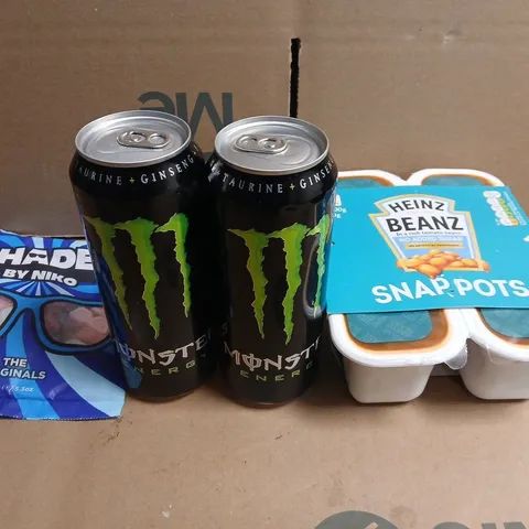 APPROXIMATELY 10 ASSORTED FOOD AND DRINK  ITEMS TO INCLUDE MONSTER , SWEETS AND BEANS 