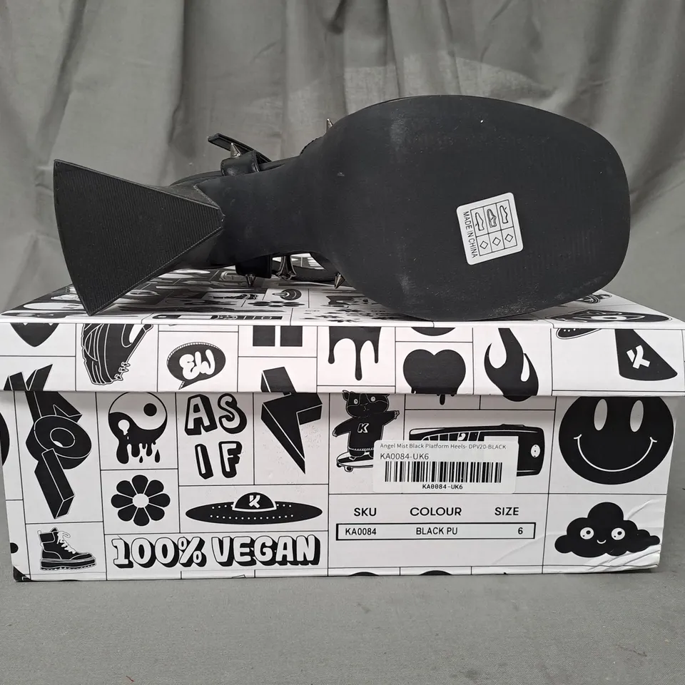 BOXED PAIR OF KOI VEGAN ANGEL MIST PLATFORM HEELS IN BLACK UK SIZE 6