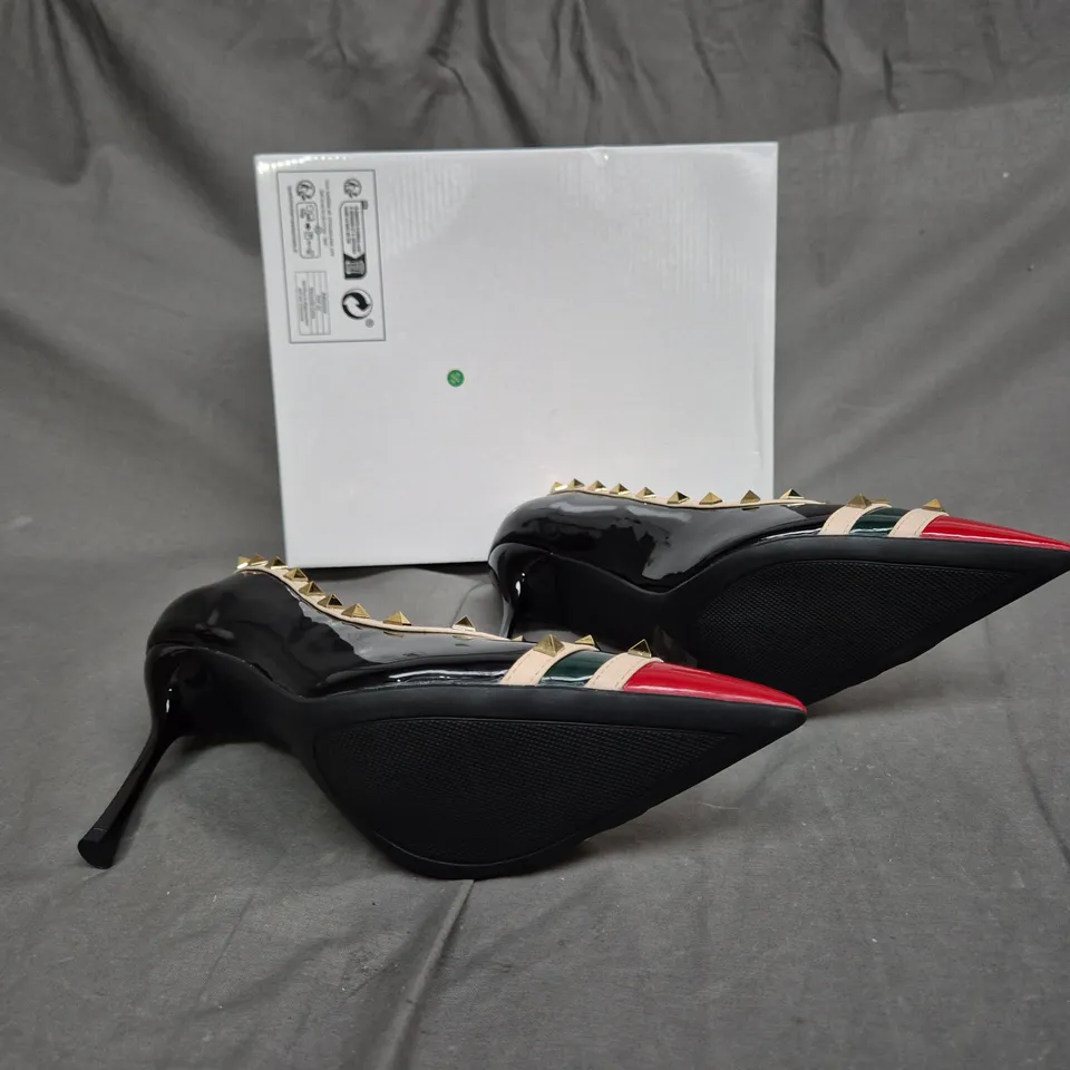 BOXED PAIR OF SPIKED HEELS BLACK/RED/GREEN - SIZE 42