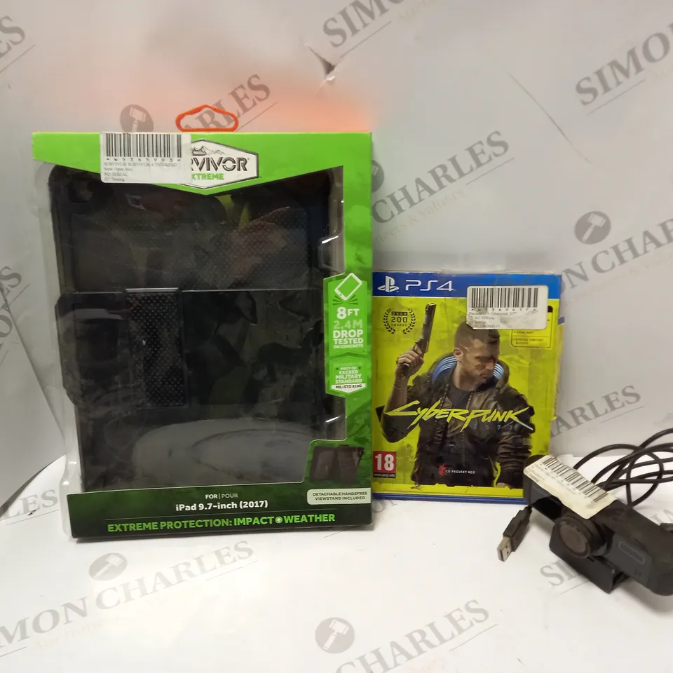 APPROXIMATELY 15 ASSORTED ELECTRICAL ITEMS TO INCLUDE TABLET CASE, WEBCAM, CYBERPUNK 2077(PS4), ETC