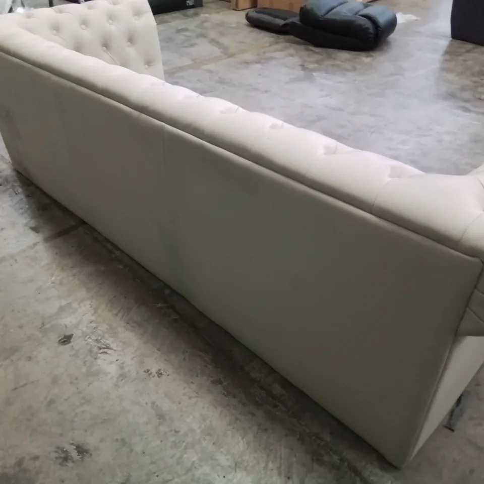 DESIGNER THREE SEATER CHESTERFIELD STYLE SOFA CREAM FAUX LEATHER 