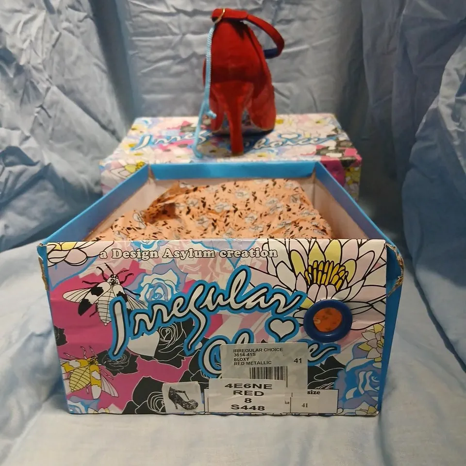 BOXED IRREGULAR CHOICE BLOXY RED MESH HIGH HEELS WITH BOW, UK 8