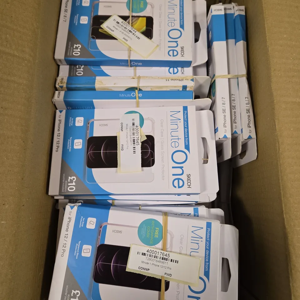 APPROXIAMTELY 50 BOXED MINUTE ONE CLEAR PROTECTIVE CASES FOR VARIOUS IPHONE MODELS 