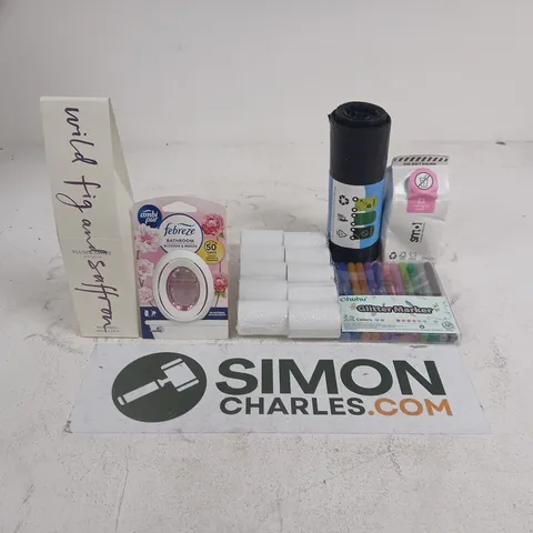 APPROXIMATELY 15 ASSORTED HOUSEHOLD PRODUCTS TO INCLUDE BIN BAGS, GILTTER PENS AND FEBREZE