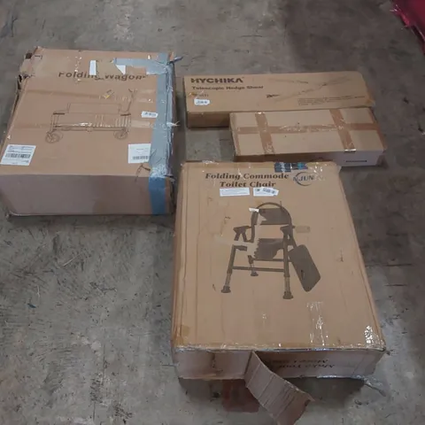 PALLET OF ASSORTED ITEMS INCLUDING: TELESCOPIC HEDGE SHEAR, FOLDING CART, FOLDING TOILET CHAIR, CALF RAISE BAR ECT
