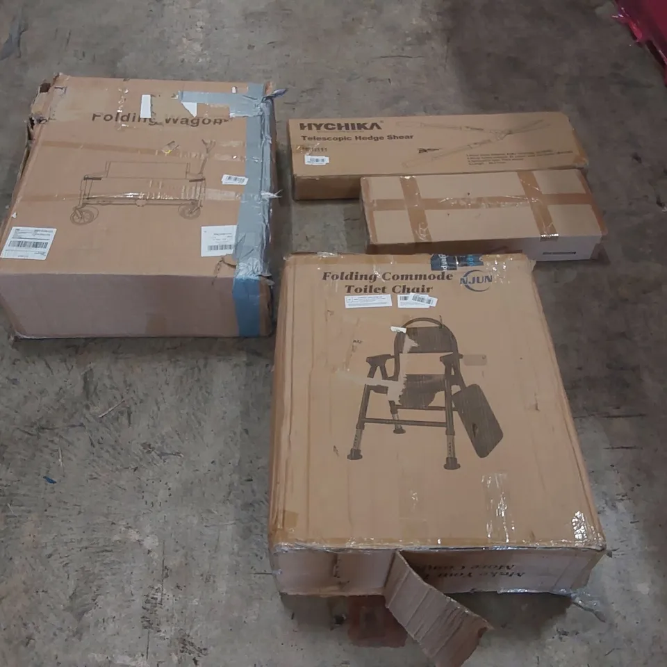PALLET OF ASSORTED ITEMS INCLUDING: TELESCOPIC HEDGE SHEAR, FOLDING CART, FOLDING TOILET CHAIR, CALF RAISE BAR ECT