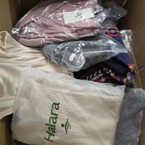 LARGE BOX OF APPROXIMATELY 25 ASSORTED CLOTHING ITEMS IN VARIOUS COLOURS, STYLES AND SIZES - COLLECTION ONLY