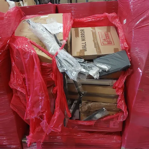 PALLET CONTAINING VARIOUS ASSORTED BOXED HOUSEHOLD ITEMS TO INCLUDE: WALL MIRROR, CEILING LIGHT, BOXED FURNITURE ETC
