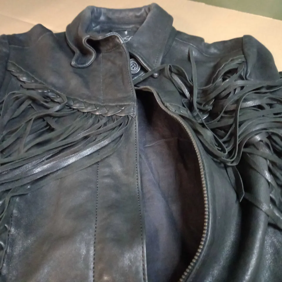 ALL SAINTS BLACK FAUX LEATHER FRINGE JACKET - SIZE 8