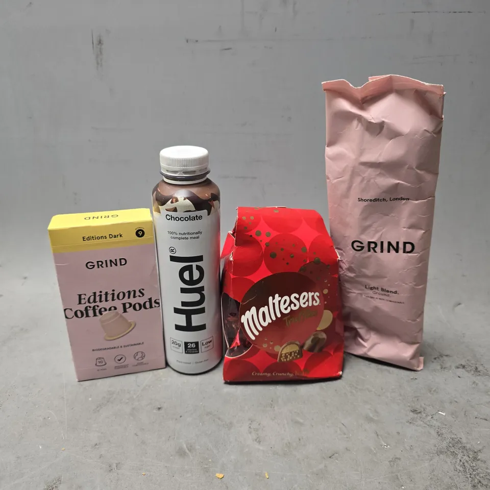 APPROXIMATELY 14 ASSORTED FOOD & DRINK ITEMS TO INCLUDE - HUEL CHOCOLATE , GRIND EDITIONS COFFEE PODS, GRIND LIGHT BLEND ETC