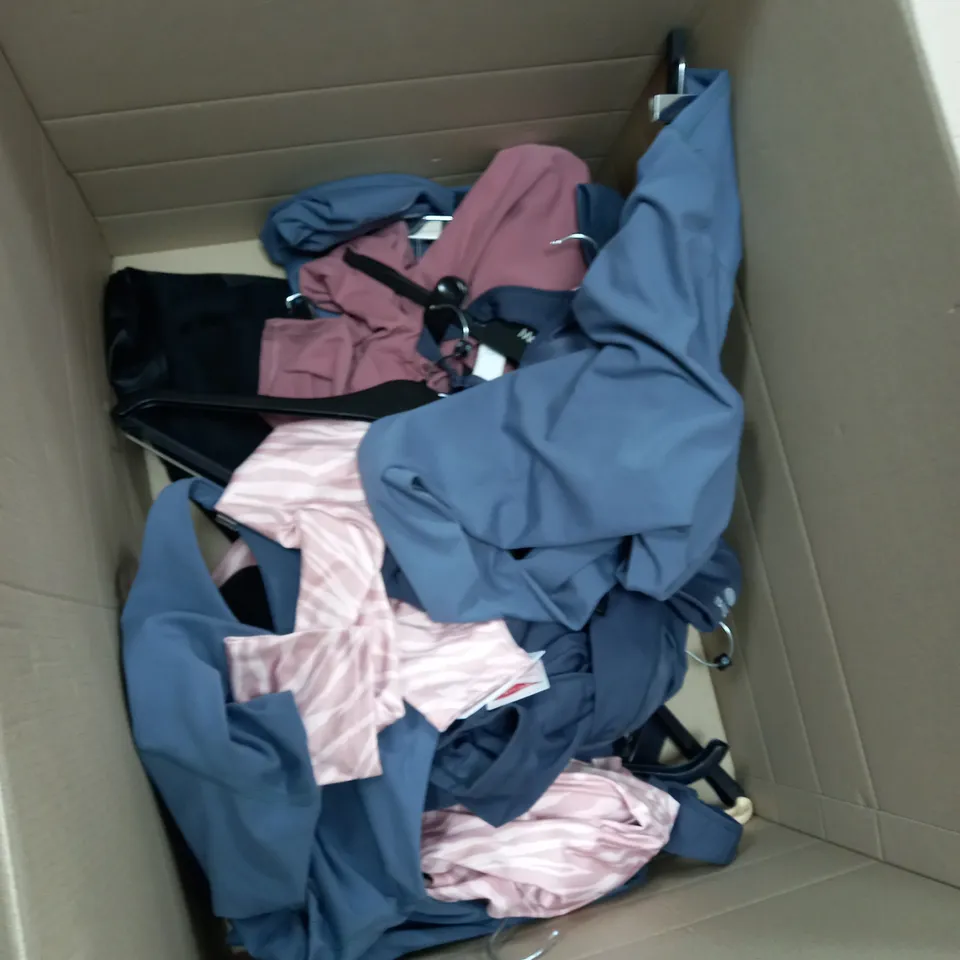 BOX OF ASSORTED CLOTHES APPROXIMATELY 15 TO INCLUDE WOMEN'S SPORTSWEAR.