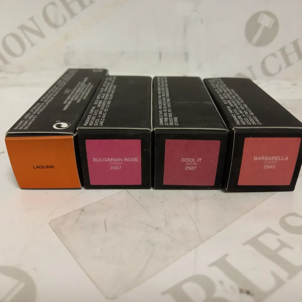 LOT OF 4 ASSORTED NARS PRODUCTS TO INCLUDE AFTERGLOW LIPBLAM - LAGUNA, LIPSTICK - COOL IT, BARBARELLA, BULGARIAN ROSE 