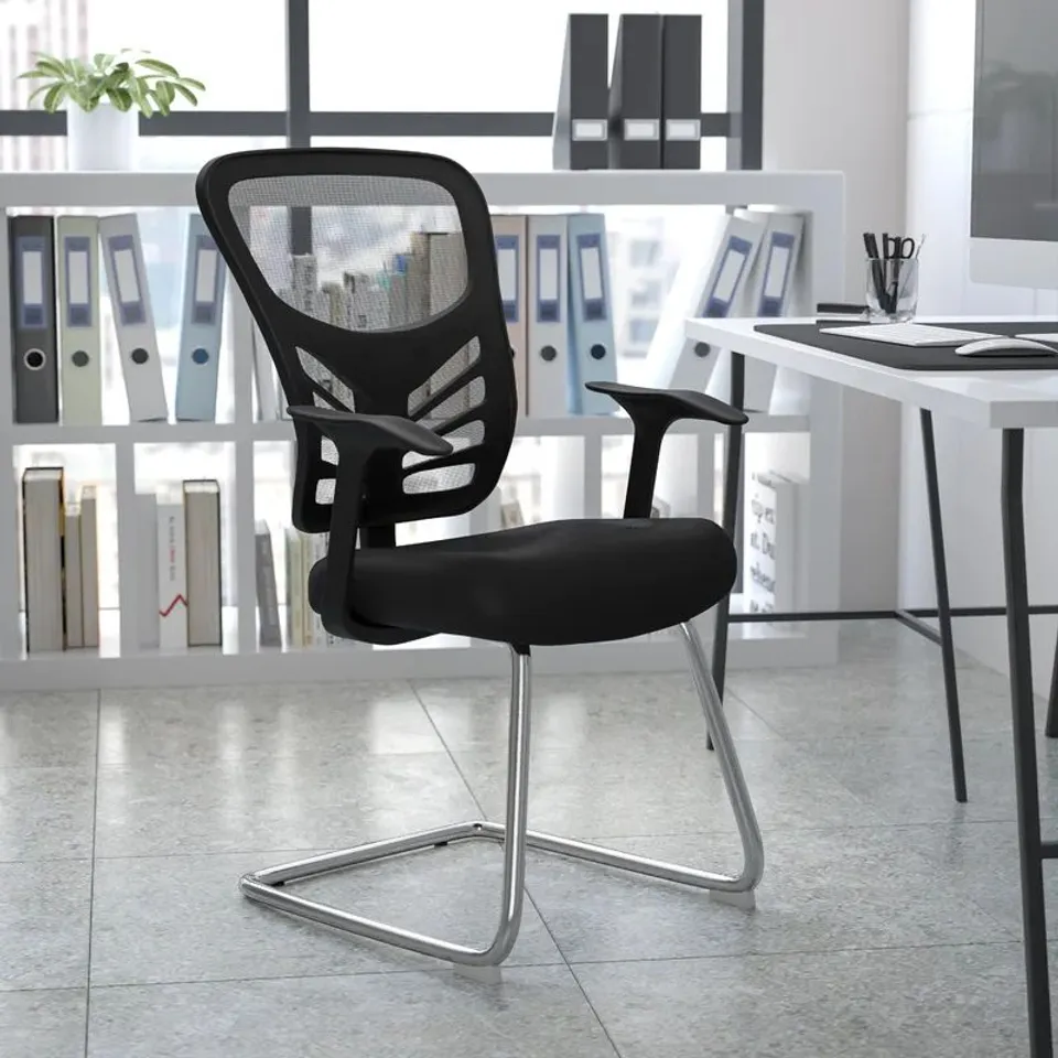 BOXED BLUE ELEPHANT MESH SIDE RECEPTION CHAIR WITH CHROME SLED BASE - BLACK