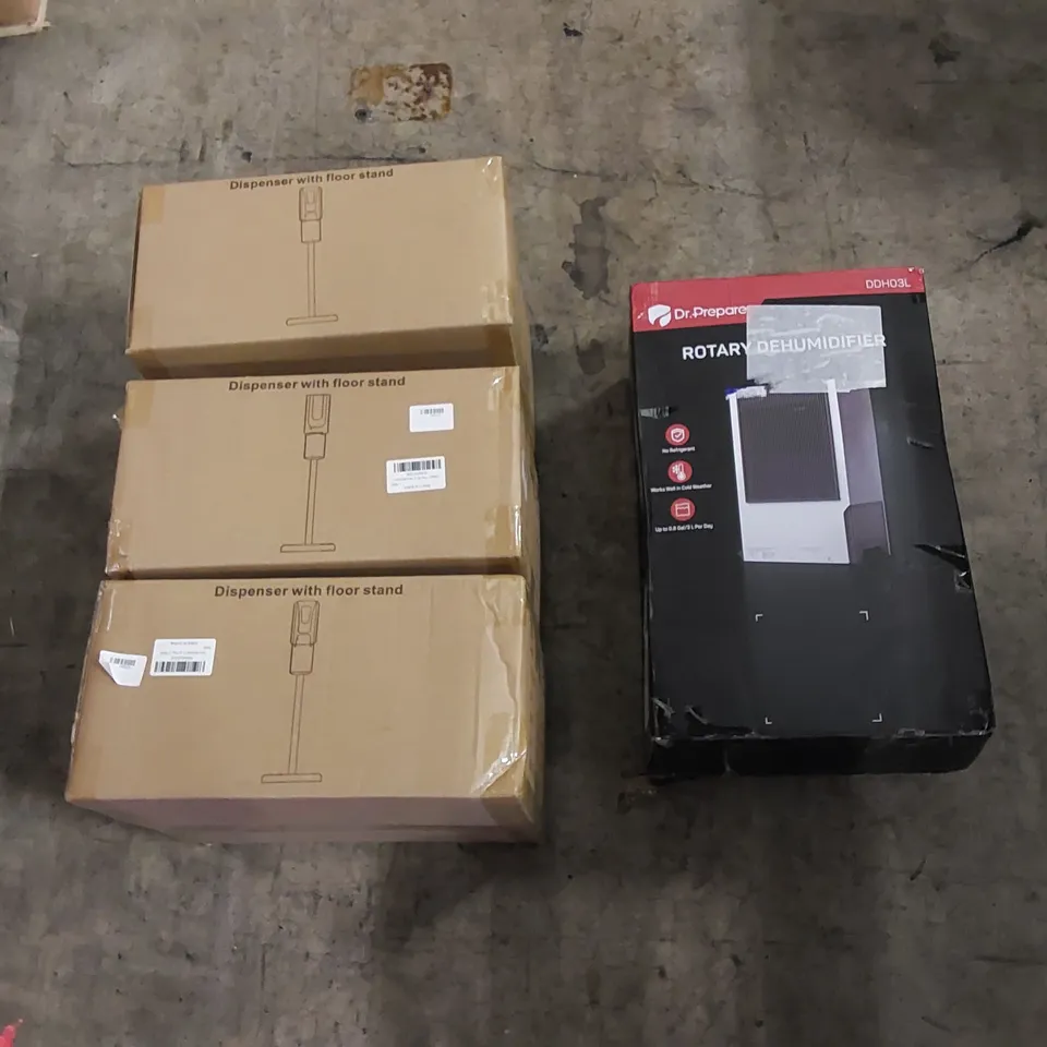 PALLET TO CONTAIN ASSORTED HOUSEHOLD ITEMS AND CONSUMER PRODUCTS. INCLUDING DISPENSERS WITH STANDS, ROTARY DEHUMIDIFIER, BOXED FURNITURE ETC
