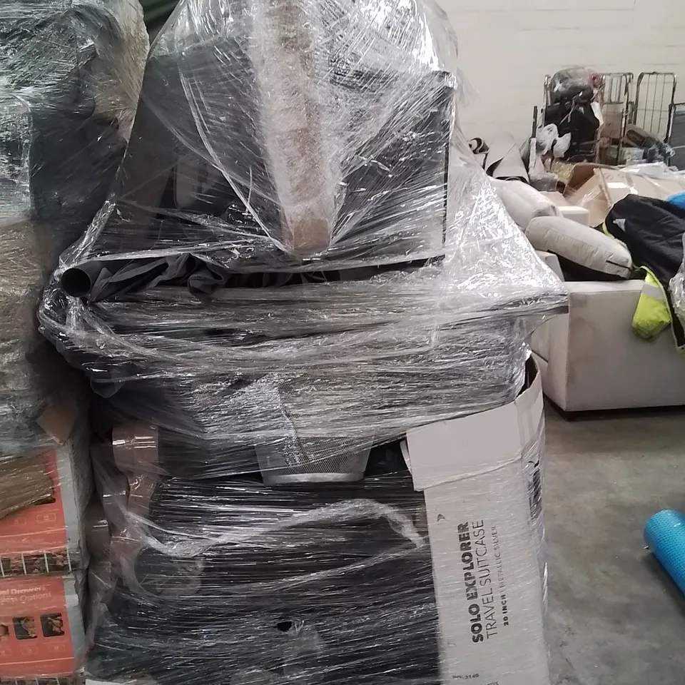 PALLET CONTAINING VARIOUS ELECTRICAL ITEMS AND HOUSEHOLD PRODUCTS TO INCLUDE;SUITCASE,PARASOL BASE,TRASH BIN