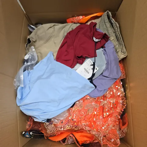 LARGE BOX OF APPROXIMATELY 25 ASSORTED CLOTHING ITEMS IN VARIOUS COLOURS, STYLES AND SIZES - COLLECTION ONLY