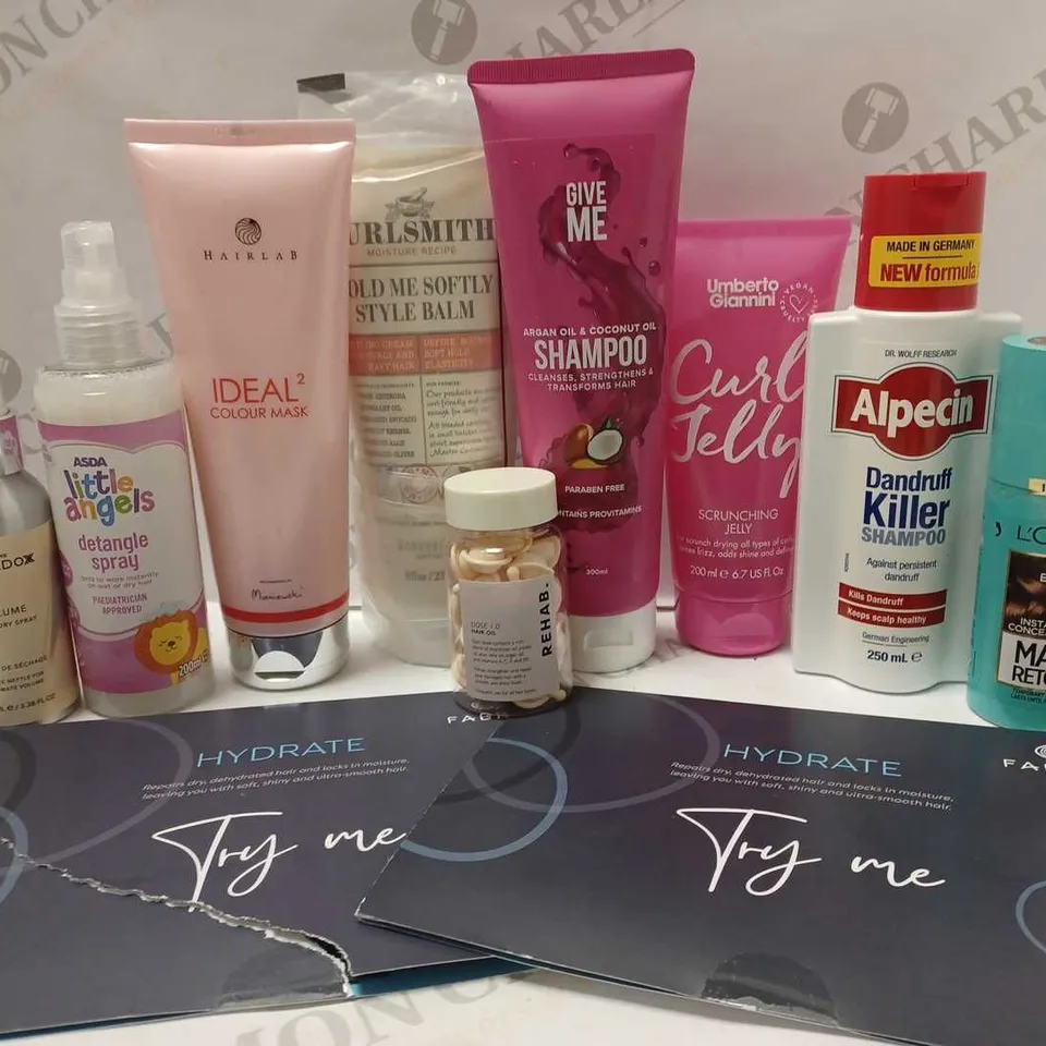 LOT OF APPROX 10 ASSORTED HAIRCARE PRODUCTS TO INCLUDE CURLSMITH STYLE BALM, REHAB HAIR OIL CAPSULES, HAIRLAB IDEAL2 COLOUR MASK, ETC 