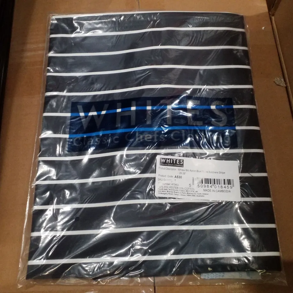 BOX CONTAINING APPROXIMATELY 41 BRAND NEW WHITES BIB APRON BLUE/ BUTCHERS STRIPES 28-38"